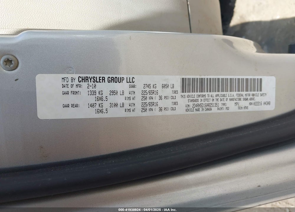 2010 DODGE GRAND CARAVAN VIN: 2D4RN5D16AR251351