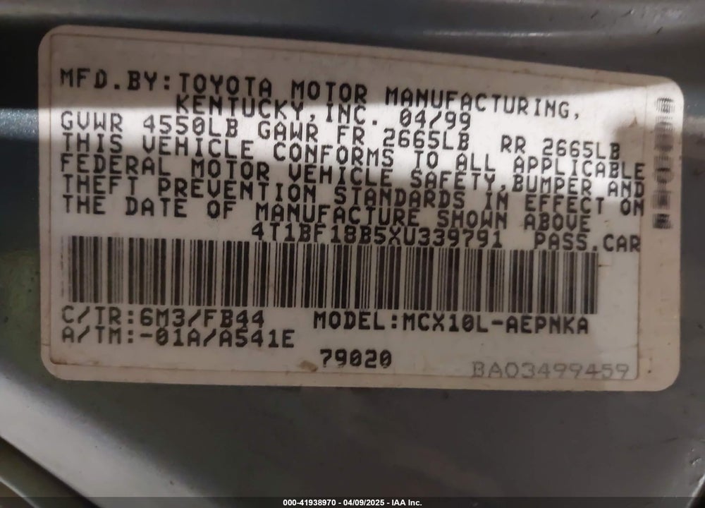 1999 TOYOTA AVALON XL VIN: 4T1BF18B5XU339791