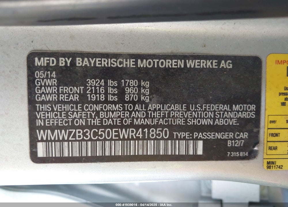 2014 MINI COUNTRYMAN VIN: WMWZB3C50EWR41850