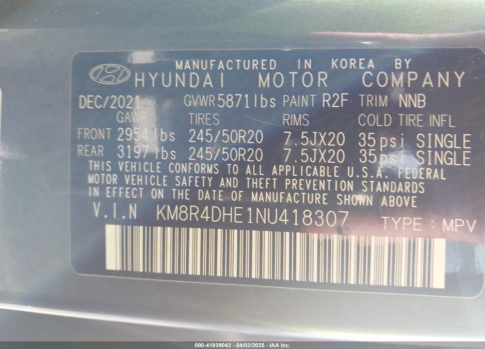 2022 HYUNDAI PALISADE SEL VIN: KM8R4DHE1NU418307