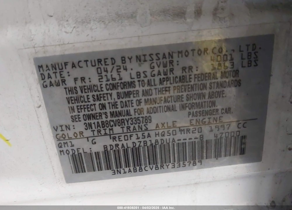 2024 NISSAN SENTRA VIN: 3N1AB8CV8RY335789