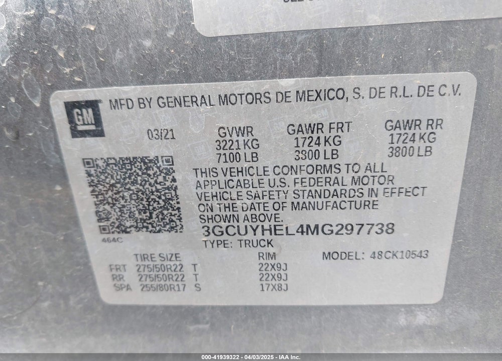 2021 CHEVROLET SILVERADO 1500 4WD SHORT BED HIGH COUNTRY VIN: 3GCUYHEL4MG297738