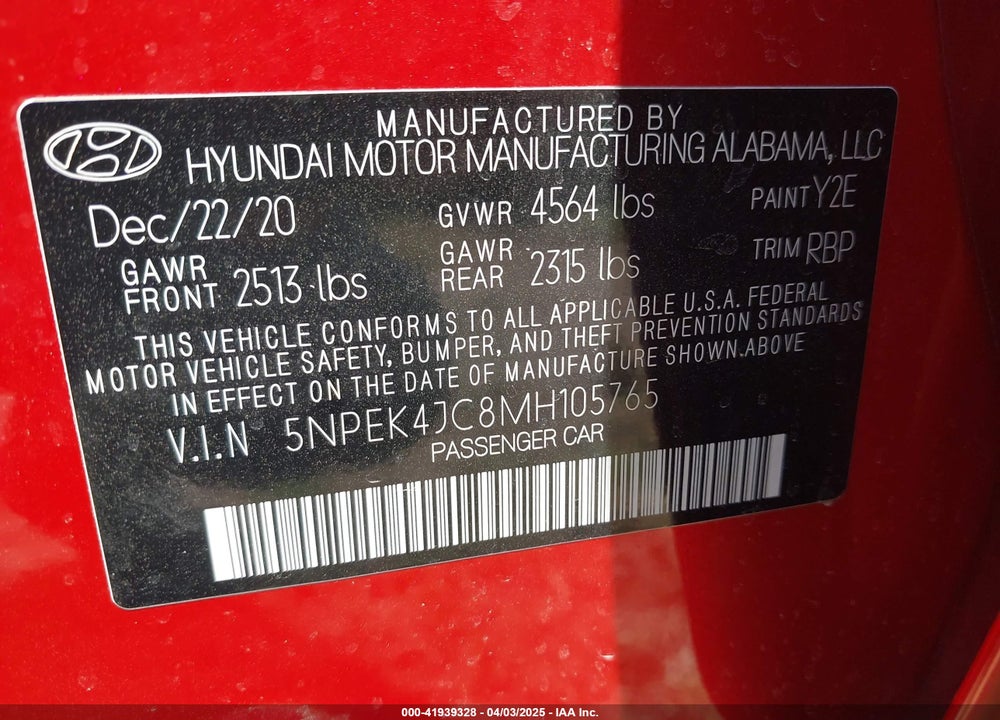 2021 HYUNDAI SONATA N LINE VIN: 5NPEK4JC8MH105765
