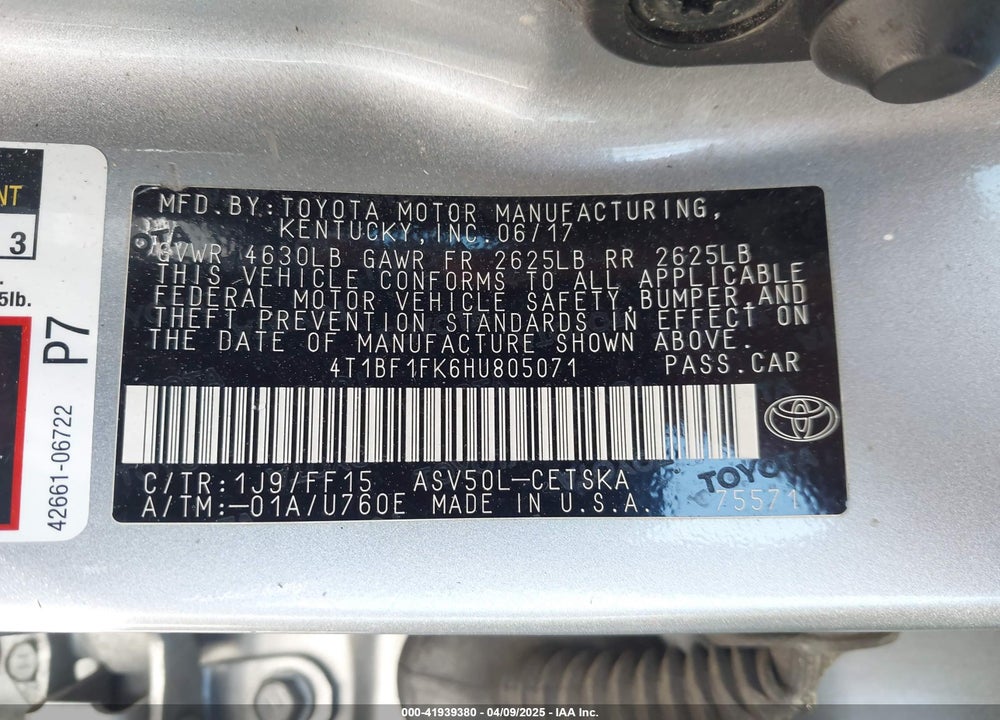 2017 TOYOTA CAMRY VIN: 4T1BF1FK6HU805071
