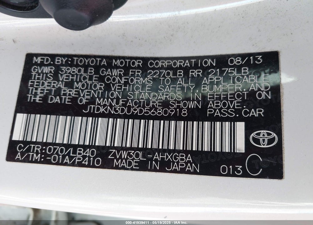 2013 TOYOTA PRIUS VIN: JTDKN3DU9D5680918