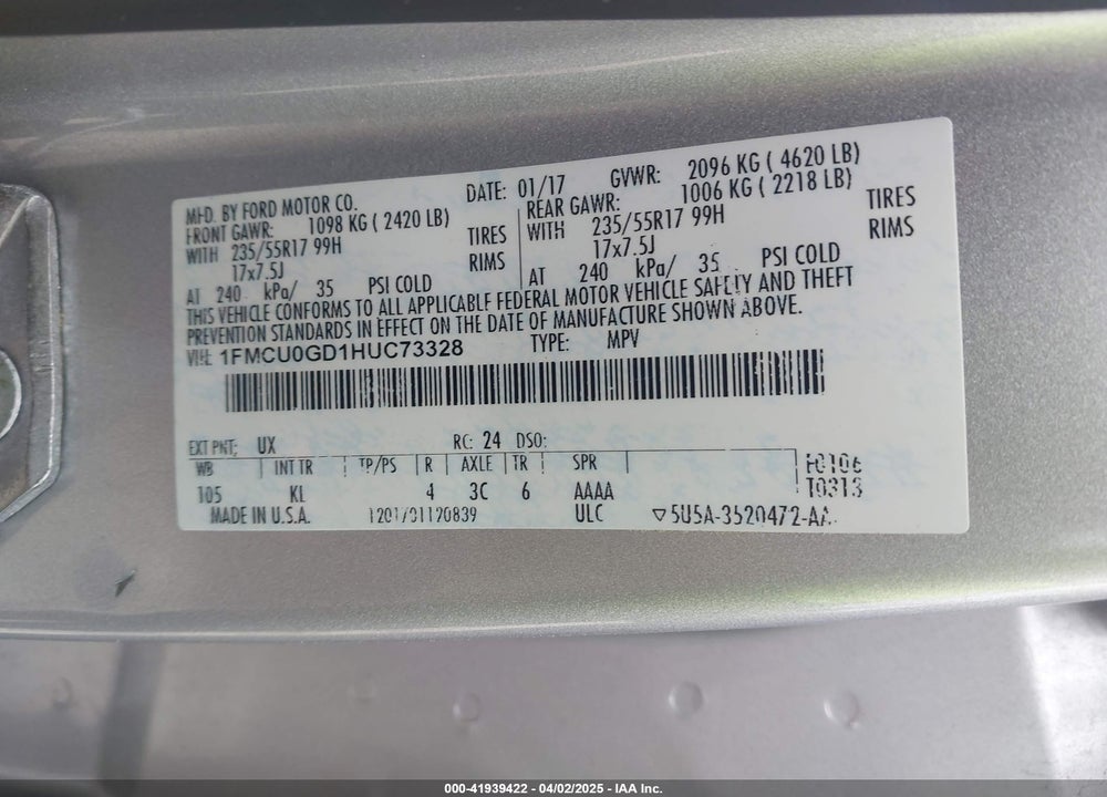 2017 FORD ESCAPE VIN: 1FMCU0GD1HUC73328
