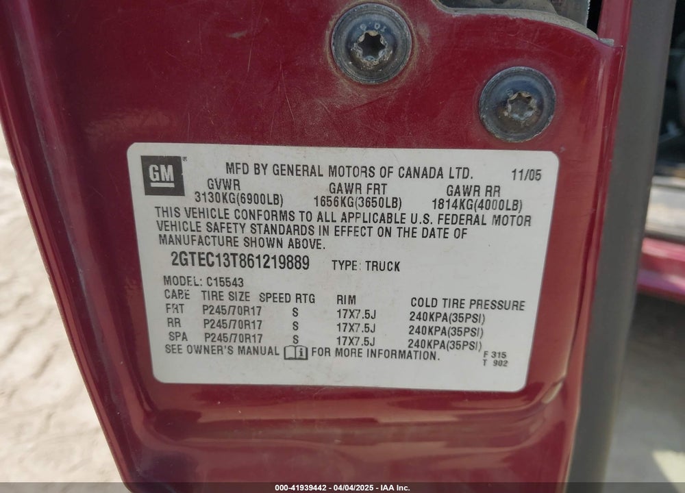 2006 GMC SIERRA 1500 SLE1 VIN: 2GTEC13T861219889