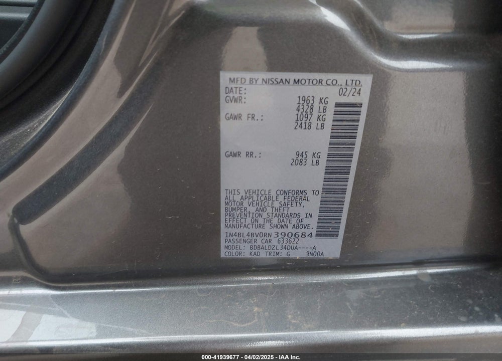 2024 NISSAN ALTIMA VIN: 1N4BL4BV0RN390684