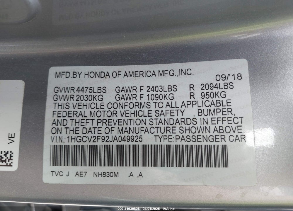 2018 HONDA ACCORD VIN: 1HGCV2F92JA049925