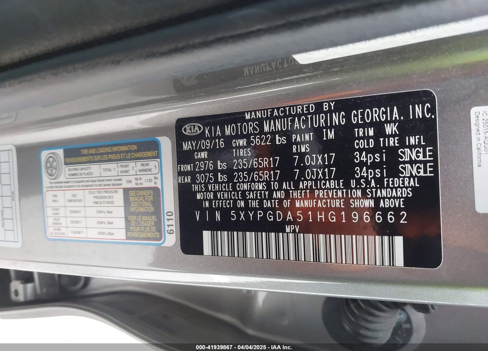 2017 KIA SORENTO VIN: 5XYPGDA51HG196662