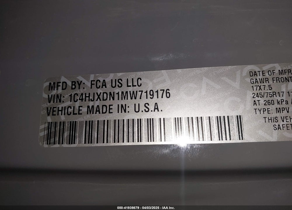 2021 JEEP WRANGLER UNLIMITED VIN: 1C4HJXDN1MW719176