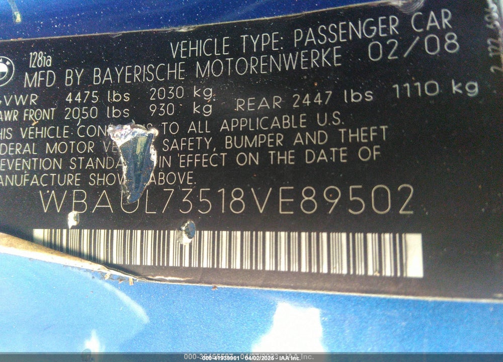 2008 BMW 128I VIN: WBAUL73518VE89502