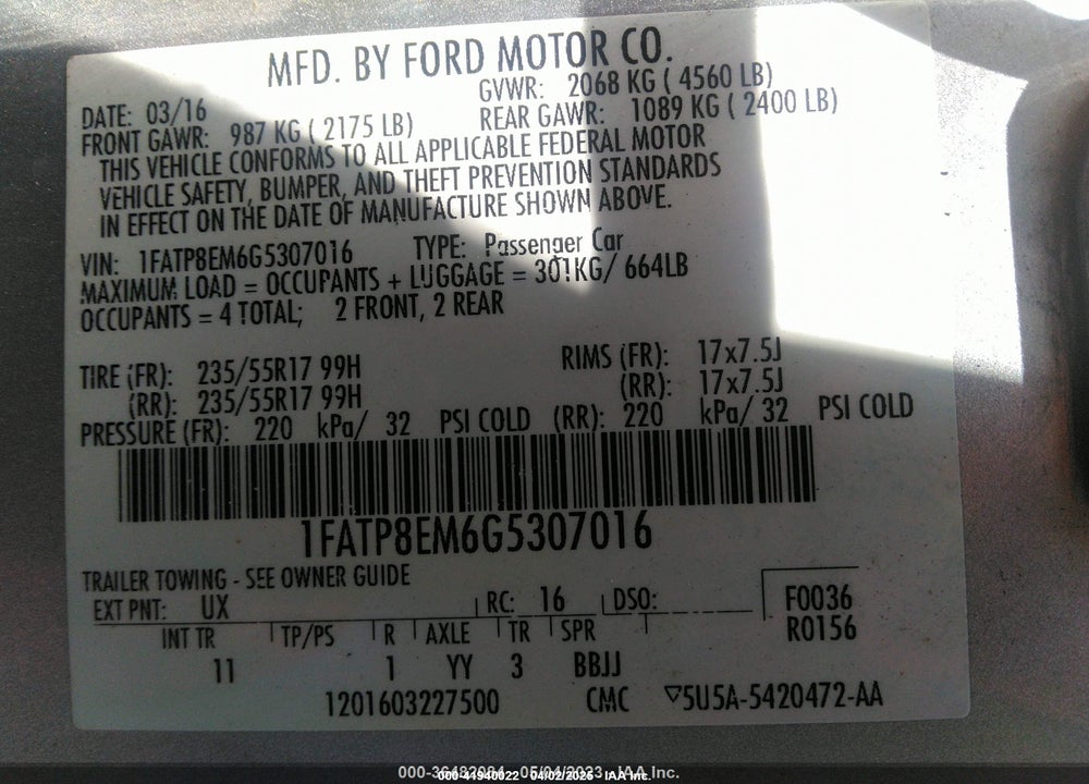 2016 FORD MUSTANG VIN: 1FATP8EM6G5307016