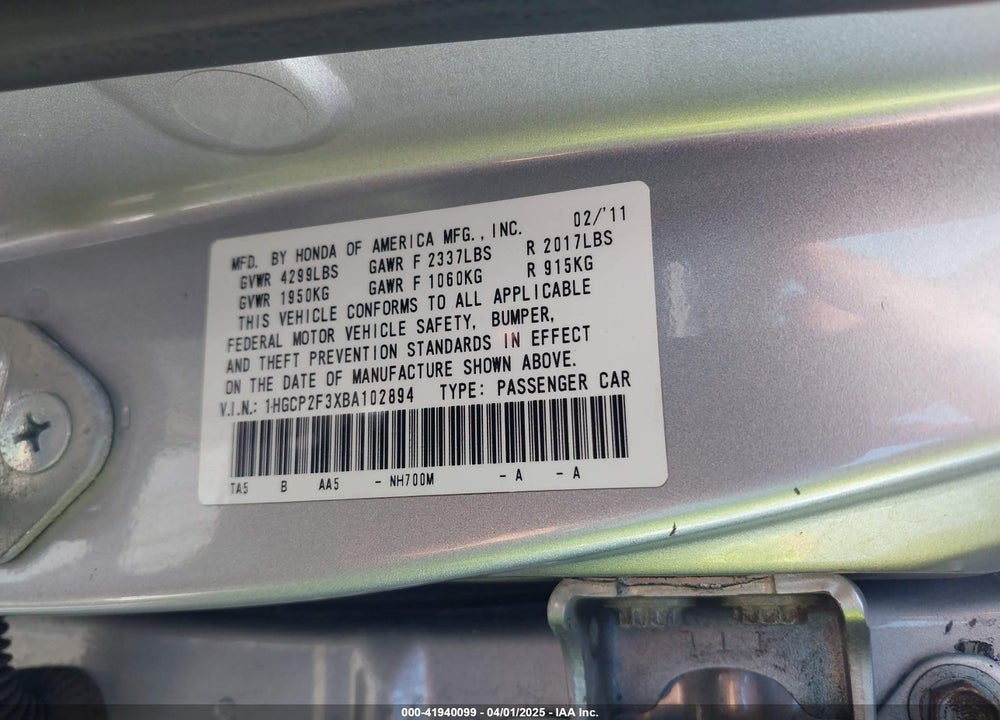 2011 HONDA ACCORD 2.4 LX VIN: 1HGCP2F3XBA102894