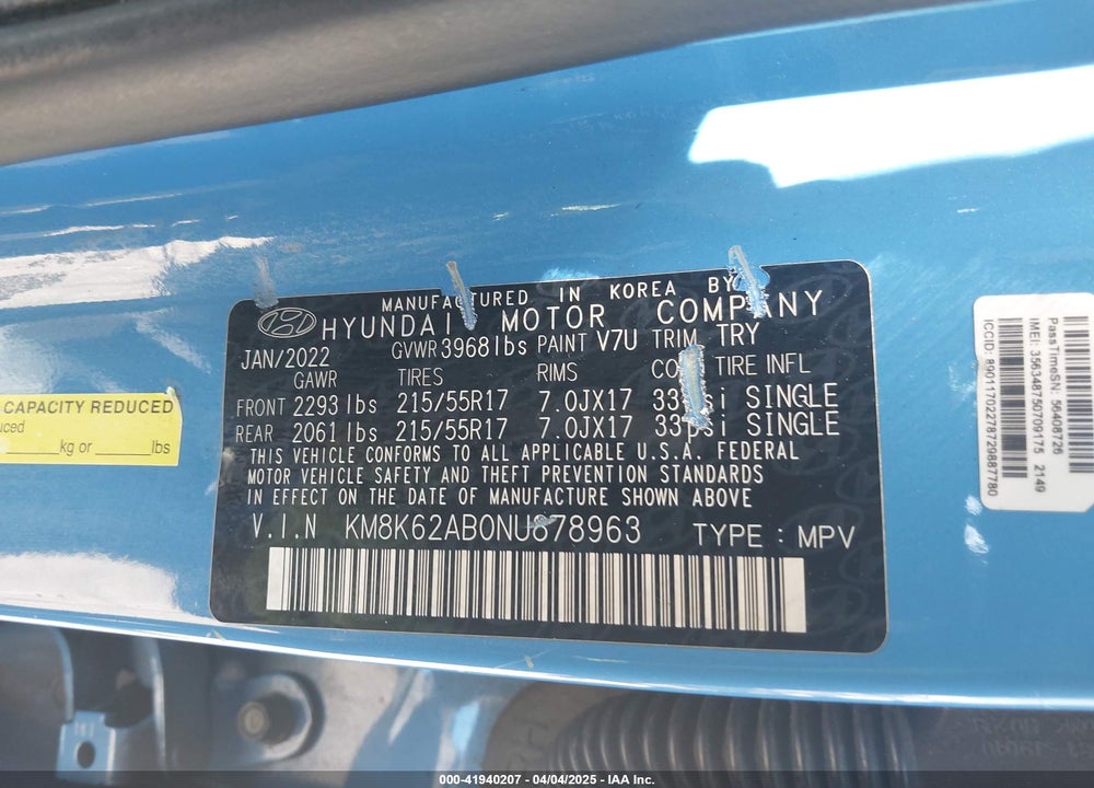 2022 HYUNDAI KONA SEL VIN: KM8K62AB0NU878963