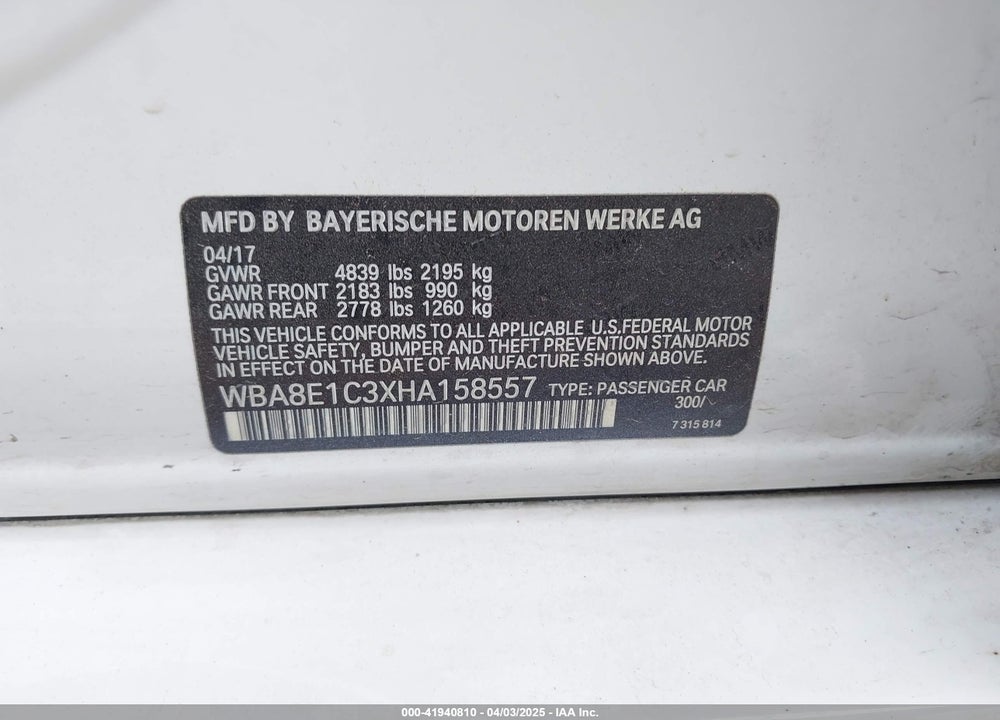 2017 BMW 330E IPERFORMANCE VIN: WBA8E1C3XHA158557
