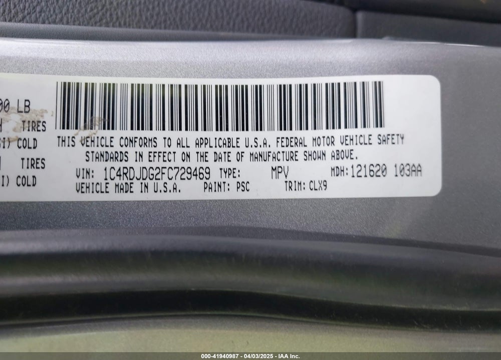 2015 DODGE DURANGO VIN: 1C4RDJDG2FC729469