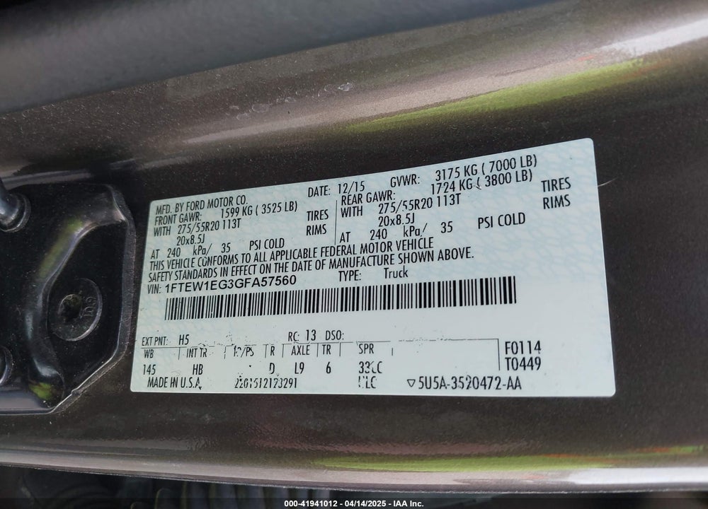 2016 FORD F-150 VIN: 1FTEW1EG3GFA57560