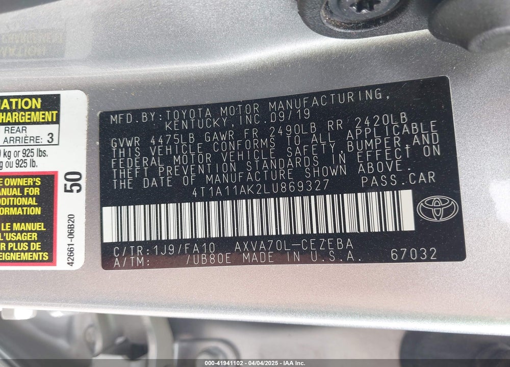 2020 TOYOTA CAMRY L VIN: 4T1A11AK2LU869327