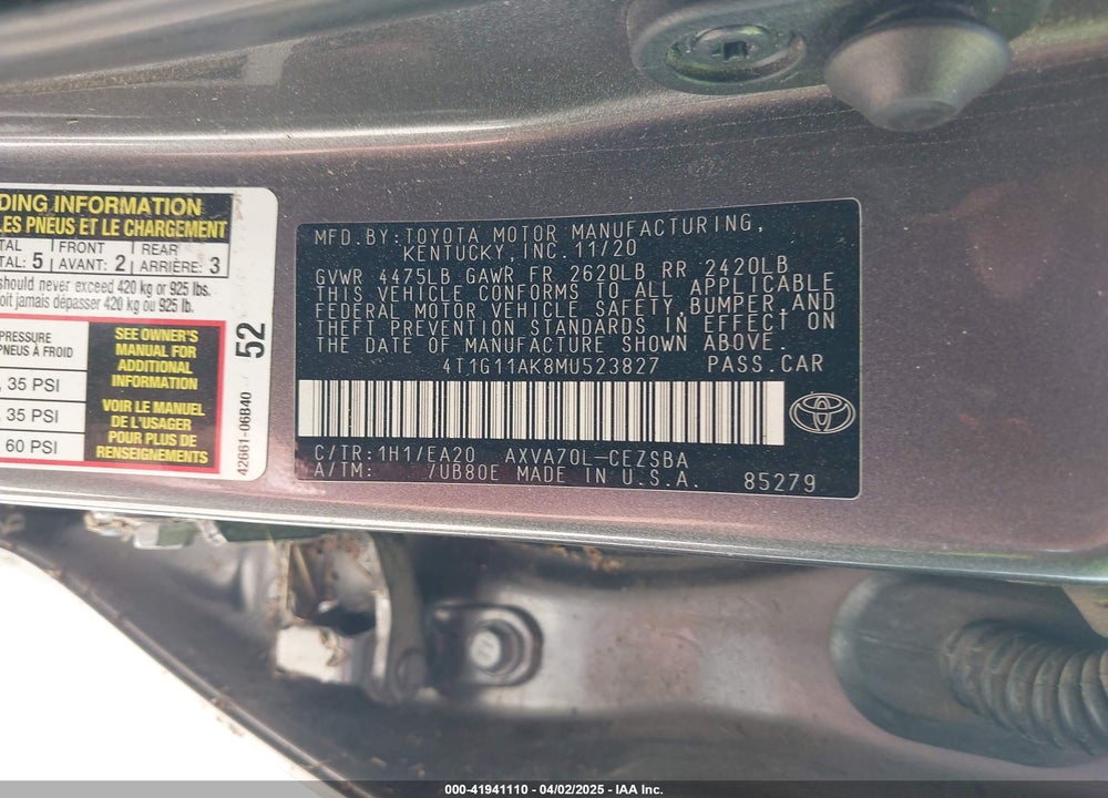 2021 TOYOTA CAMRY VIN: 4T1G11AK8MU523827