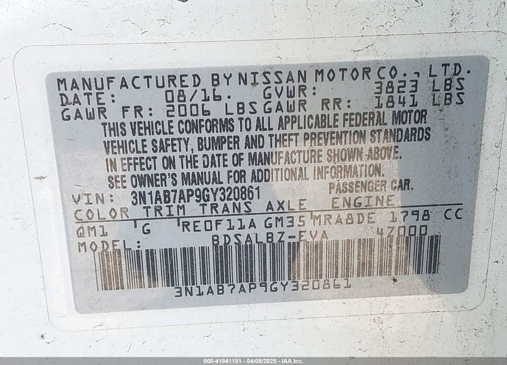 2016 NISSAN SENTRA VIN: 3N1AB7AP9GY320861
