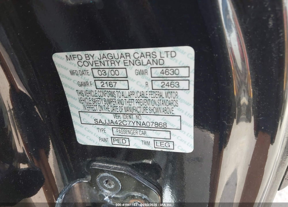 2000 JAGUAR XK8 VIN: SAJJA42C7YNA07868