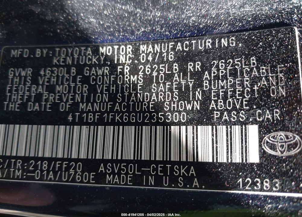 2016 TOYOTA CAMRY SE VIN: 4T1BF1FK6GU235300