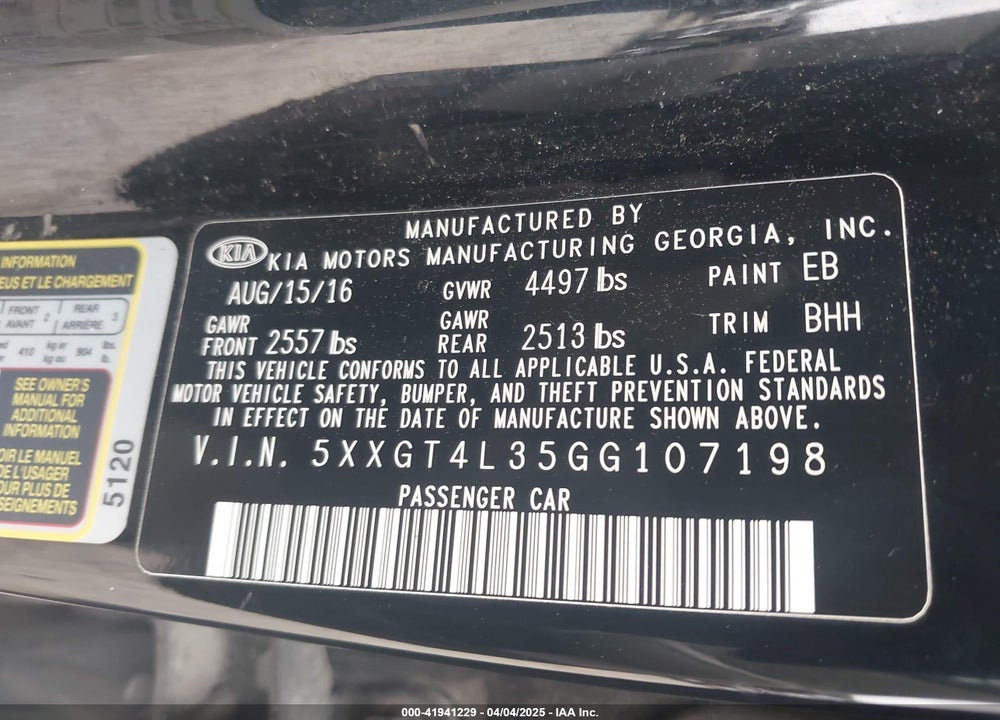 2016 KIA OPTIMA LX VIN: 5XXGT4L35GG107198