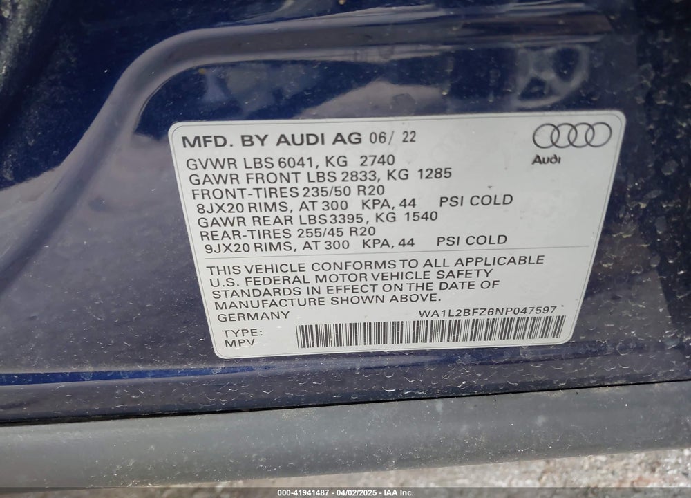 2022 AUDI Q4 E-TRON PREMIUM PLUS 50 QUATTRO VIN: WA1L2BFZ6NP047597
