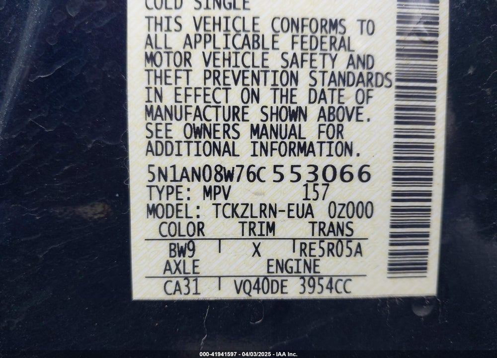 2006 NISSAN XTERRA VIN: 5N1AN08W76C553066