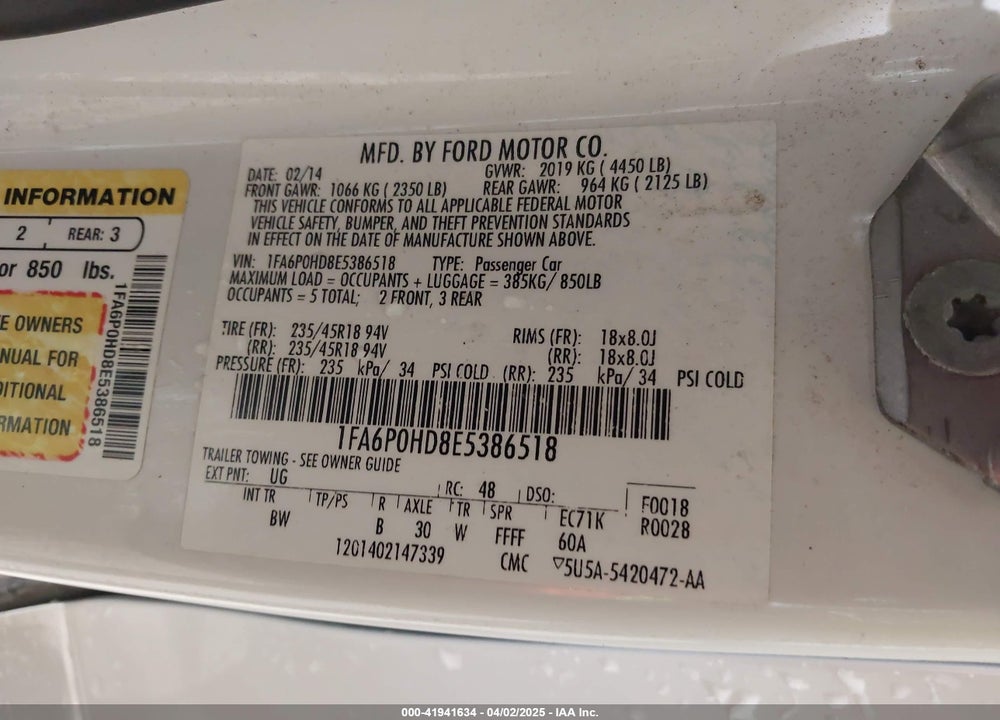 2014 FORD FUSION VIN: 1FA6P0HD8E5386518