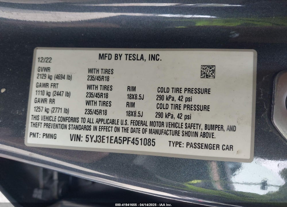 2023 TESLA MODEL 3 VIN: 5YJ3E1EA5PF451085