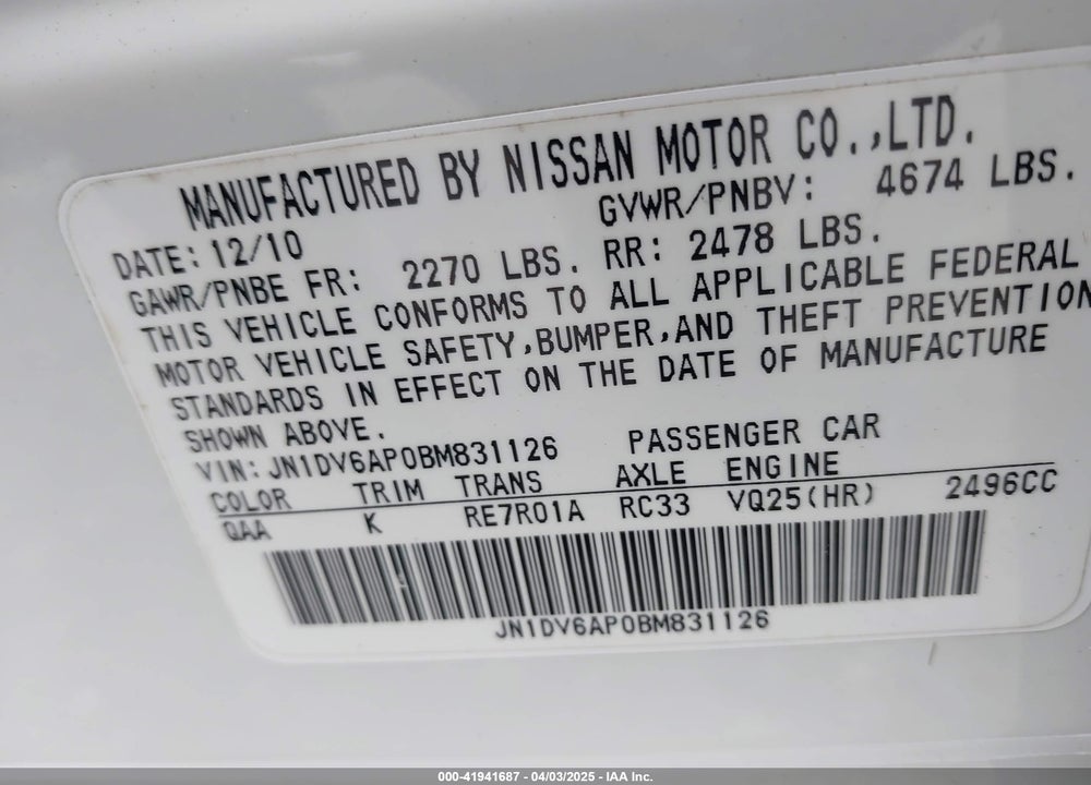 2011 INFINITI G25 VIN: JN1DV6AP0BM831126