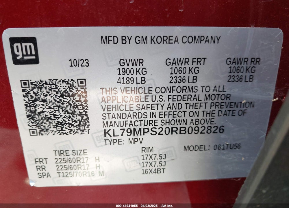 2024 CHEVROLET TRAILBLAZER VIN: KL79MPS20RB092826