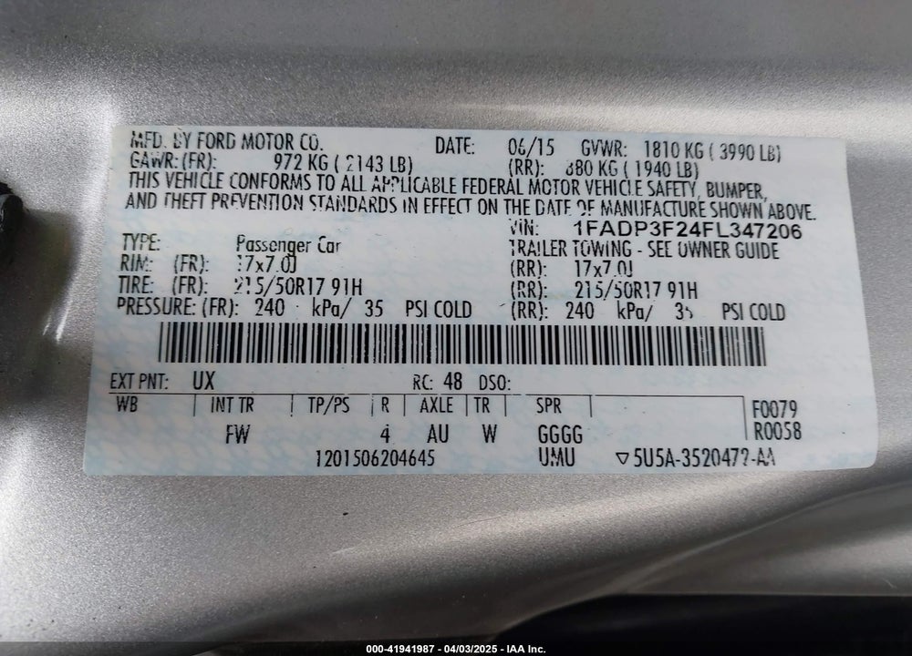2015 FORD FOCUS SE VIN: 1FADP3F24FL347206