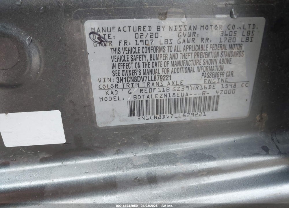 2020 NISSAN VERSA S XTRONIC CVT VIN: 3N1CN8DV7LL879221