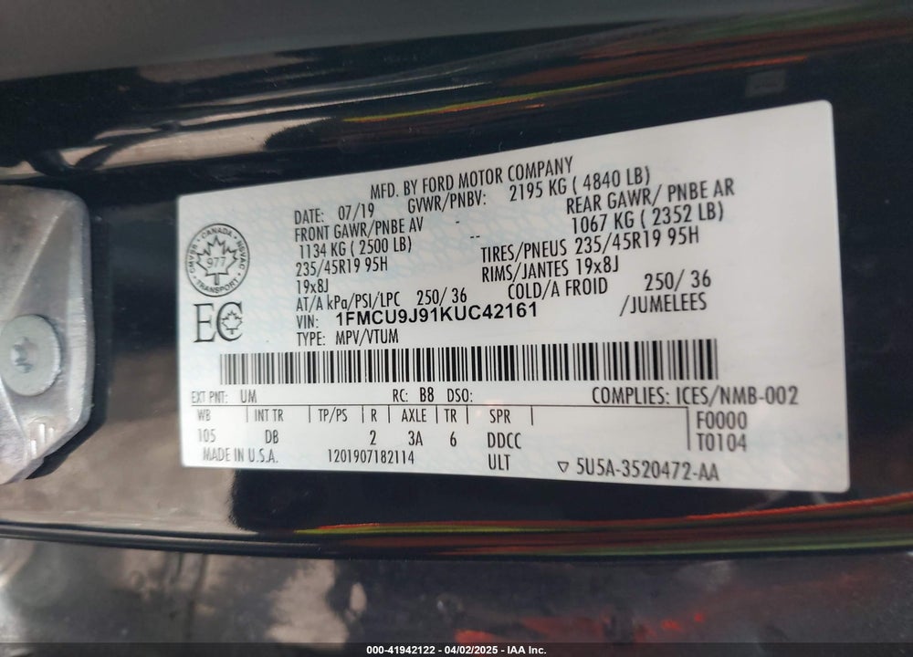 2019 FORD ESCAPE VIN: 1FMCU9J91KUC42161