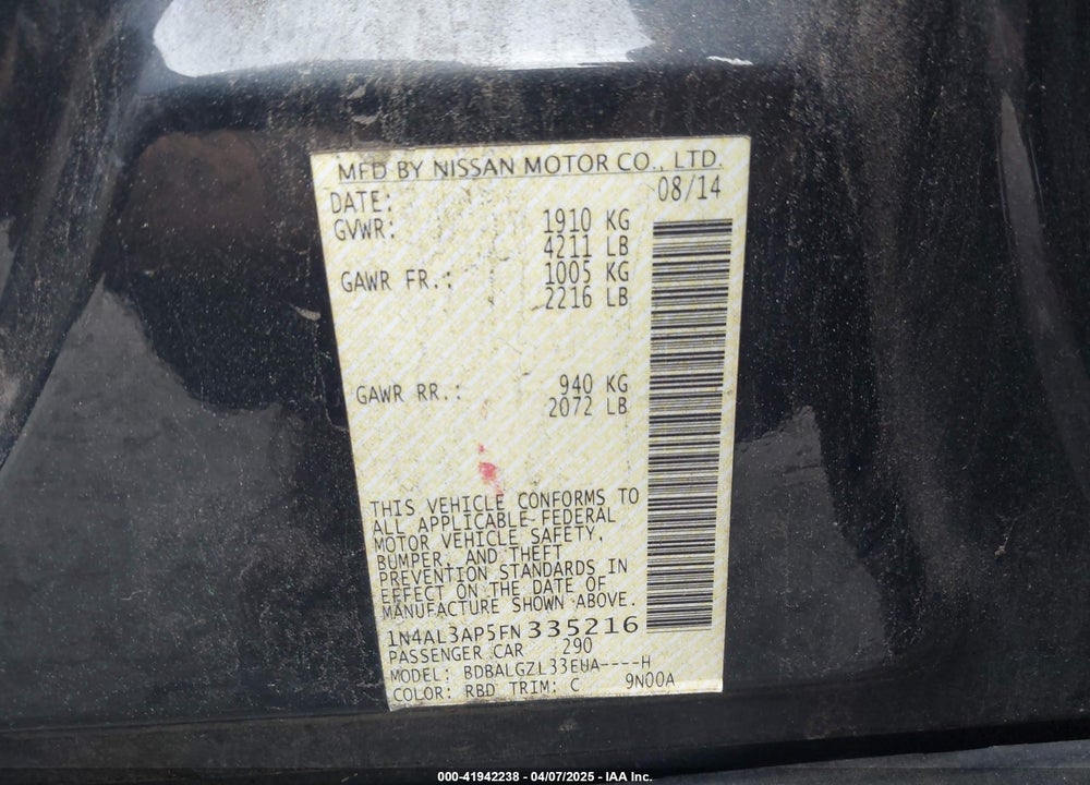 2015 NISSAN ALTIMA 2.5 S VIN: 1N4AL3AP5FN335216