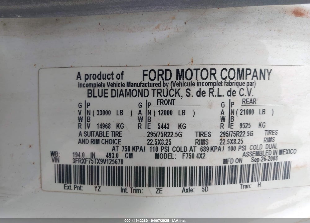 2009 FORD F-750 XL/XLT VIN: 3FRXF75TX9V125670