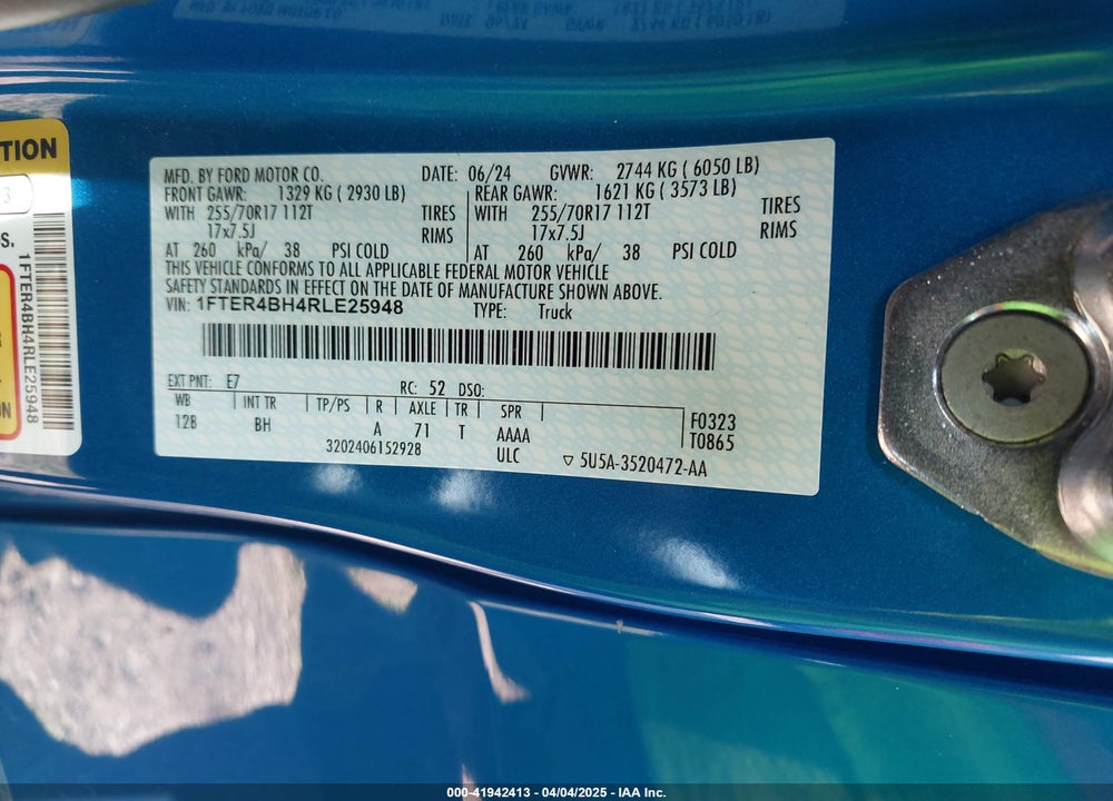 2024 FORD RANGER XL VIN: 1FTER4BH4RLE25948