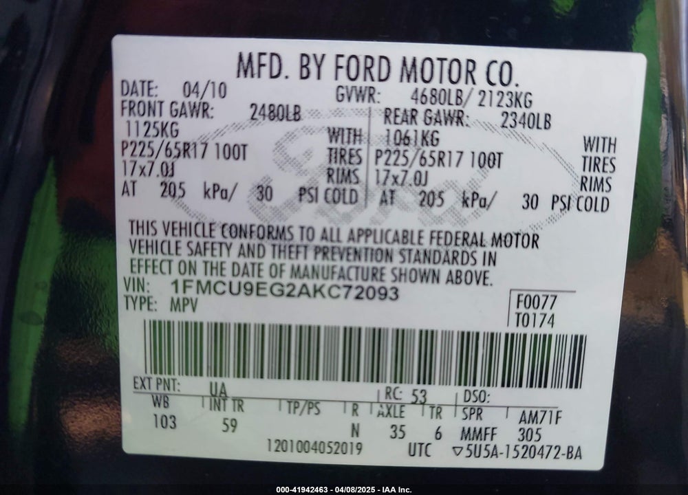 2010 FORD ESCAPE LIMITED VIN: 1FMCU9EG2AKC72093
