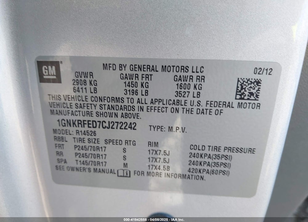 2012 CHEVROLET TRAVERSE VIN: 1GNKRFED7CJ272242