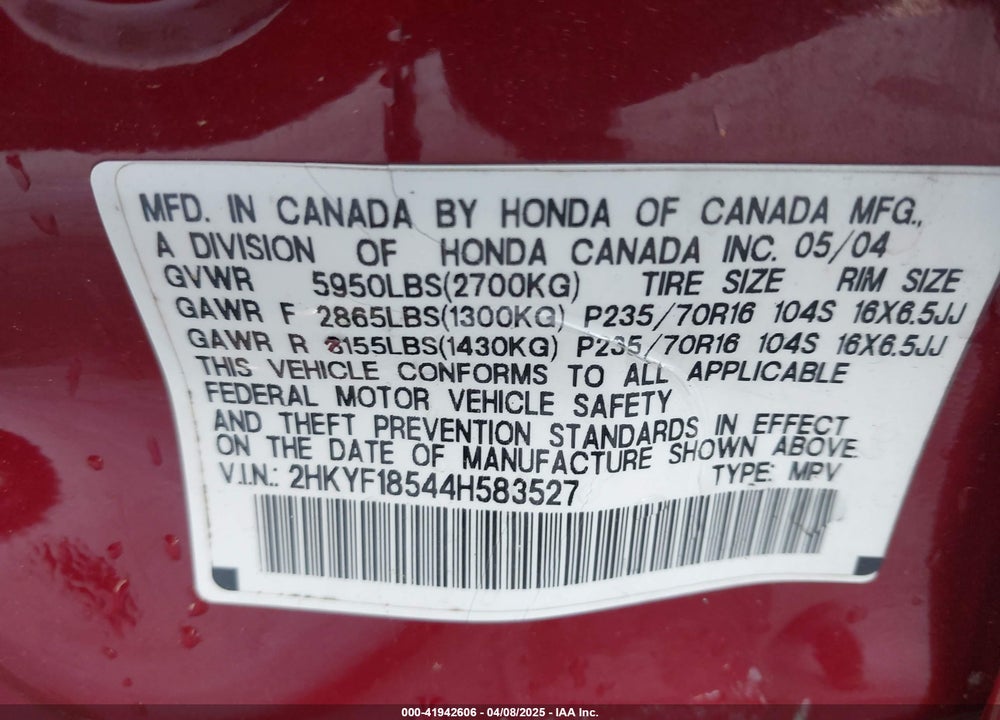 2004 HONDA PILOT EX-L VIN: 2HKYF18544H583527