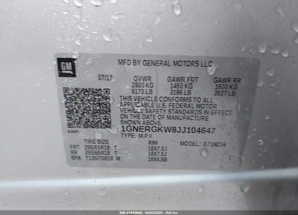 2018 CHEVROLET TRAVERSE VIN: 1GNERGKW8JJ104647