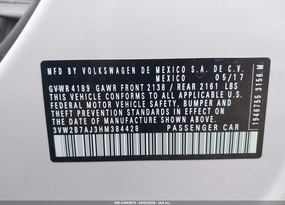 2017 VOLKSWAGEN JETTA 1.4T S VIN: 3VW2B7AJ3HM384428