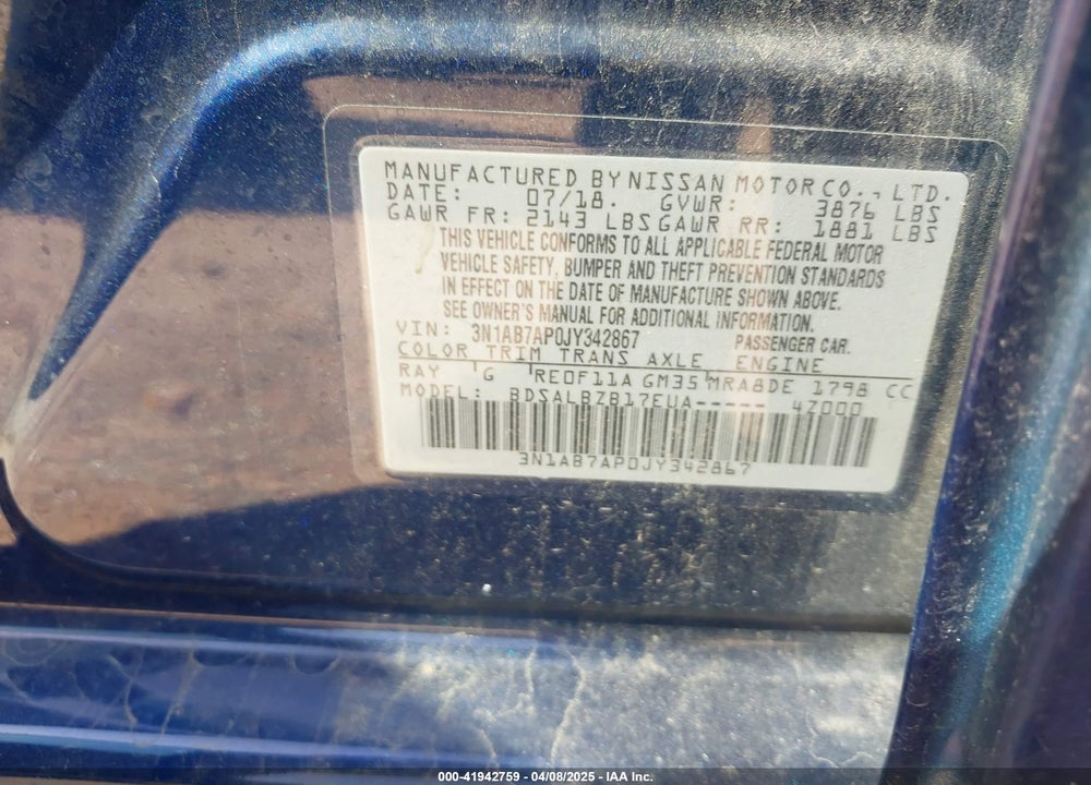 2018 NISSAN SENTRA S VIN: 3N1AB7AP0JY342867