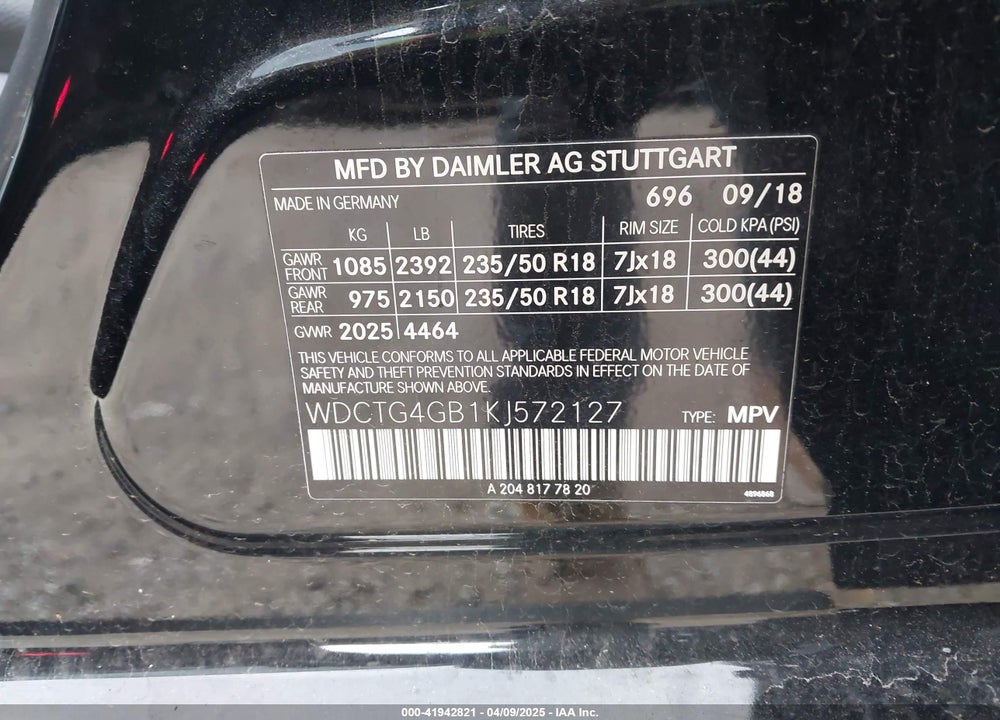 2019 MERCEDES-BENZ GLA 250 4MATIC VIN: WDCTG4GB1KJ572127