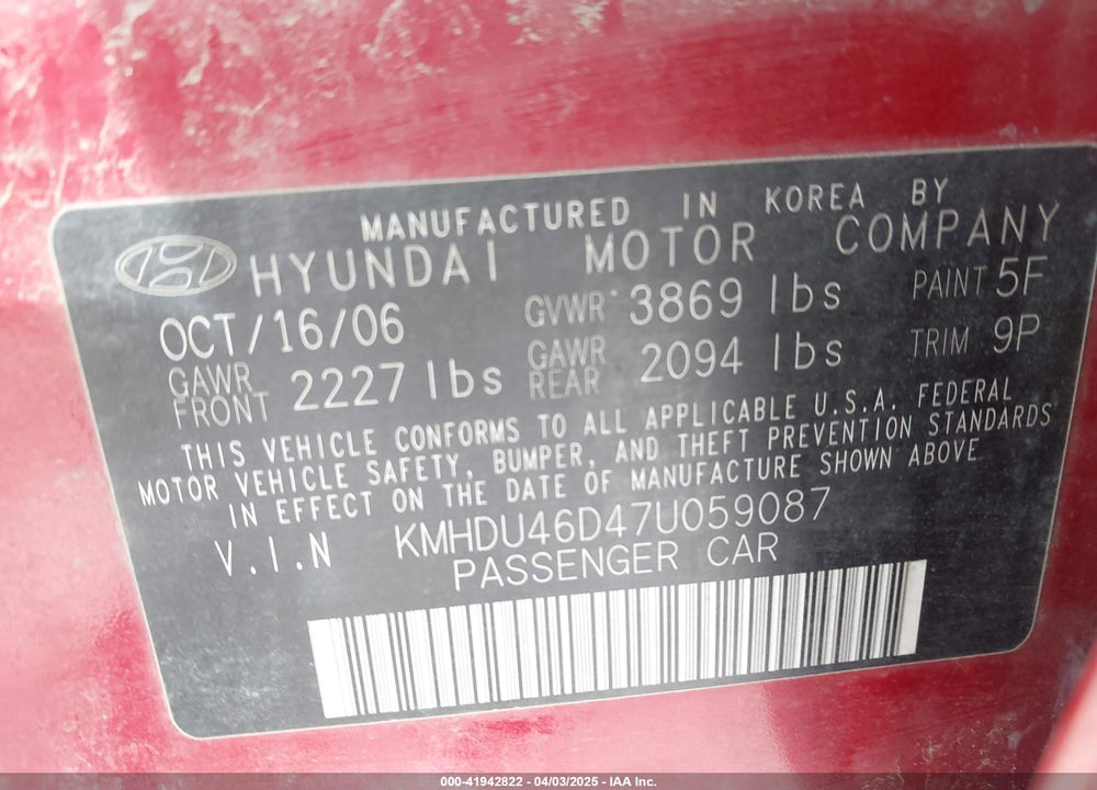 2007 HYUNDAI ELANTRA GLS/LIMITED/SE VIN: KMHDU46D47U059087
