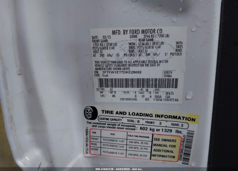 2013 FORD F-150 VIN: 1FTFW1ET7DKE28692