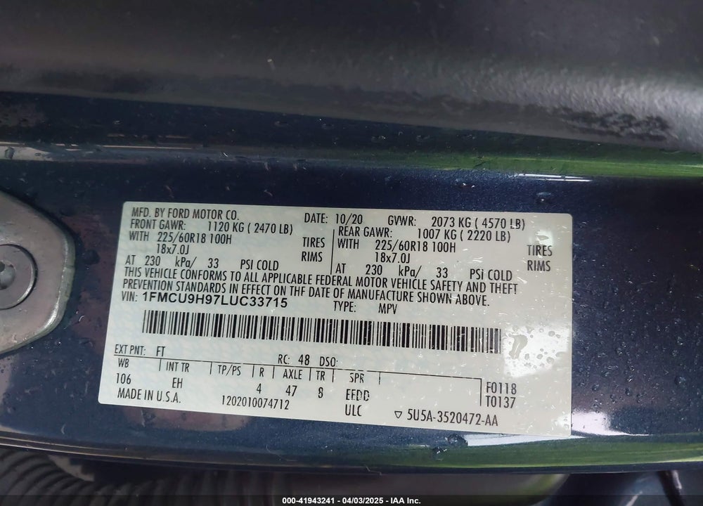 2020 FORD ESCAPE SEL VIN: 1FMCU9H97LUC33715